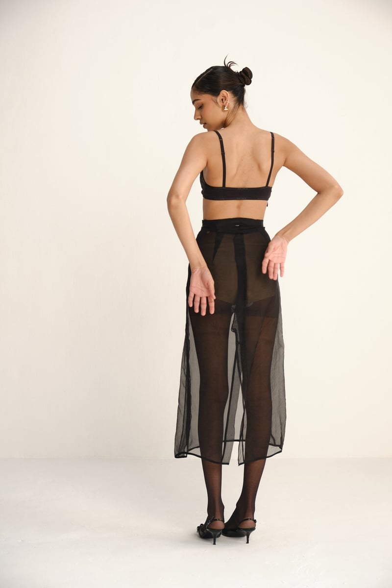 Black Sheer Organza Midi Skirt with Side Zip