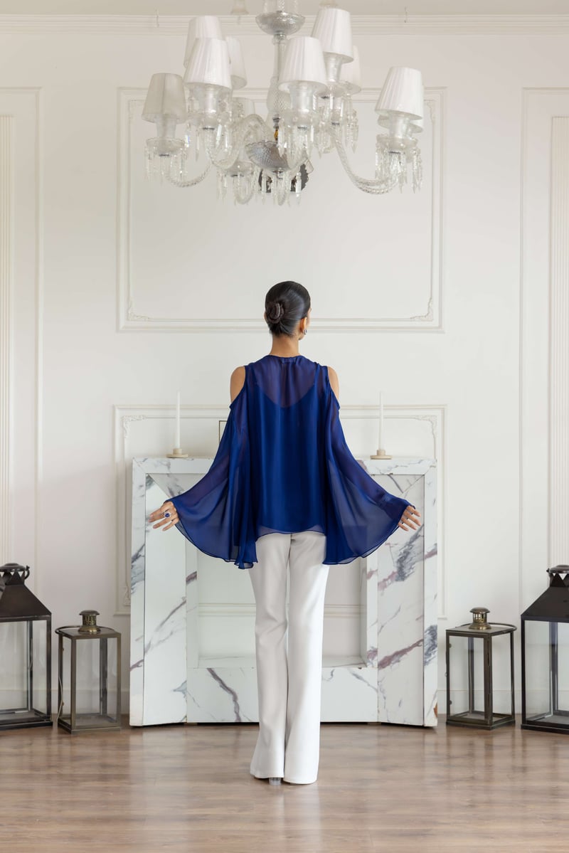 Seraphine Navy Blue Hand Embroidered Flat Chiffon Top