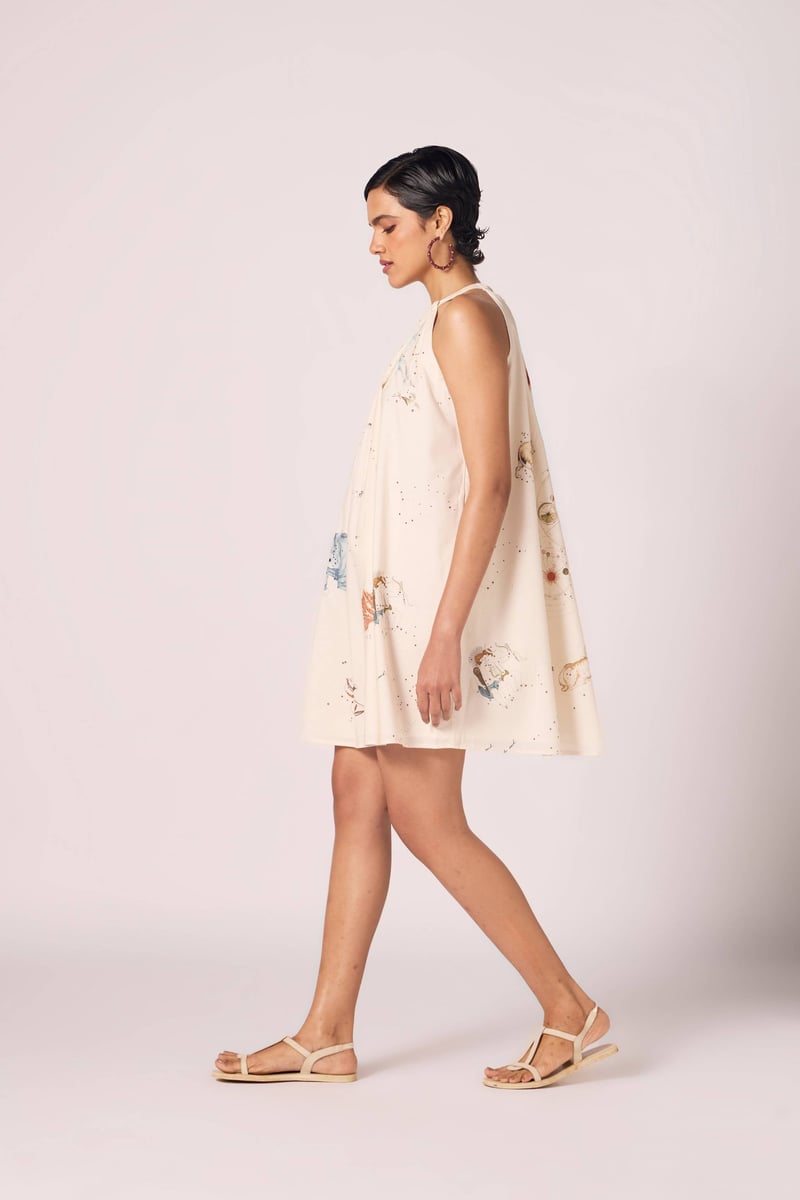 Beige Zodiac Print Halter Mini Dress with Bow-Tie Back