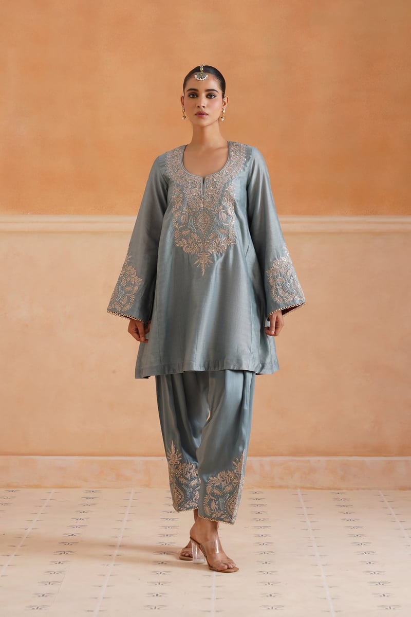 Sage Blue Chanderi Embroidered Kurta Set with Dupatta