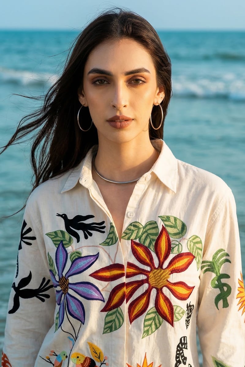 Beige Cotton Poplin Embroidered Button-Down Shirt