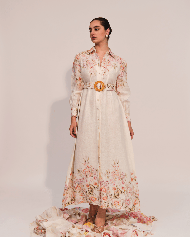 Apricot Floral Linen Belted Midi Shirt Dress
