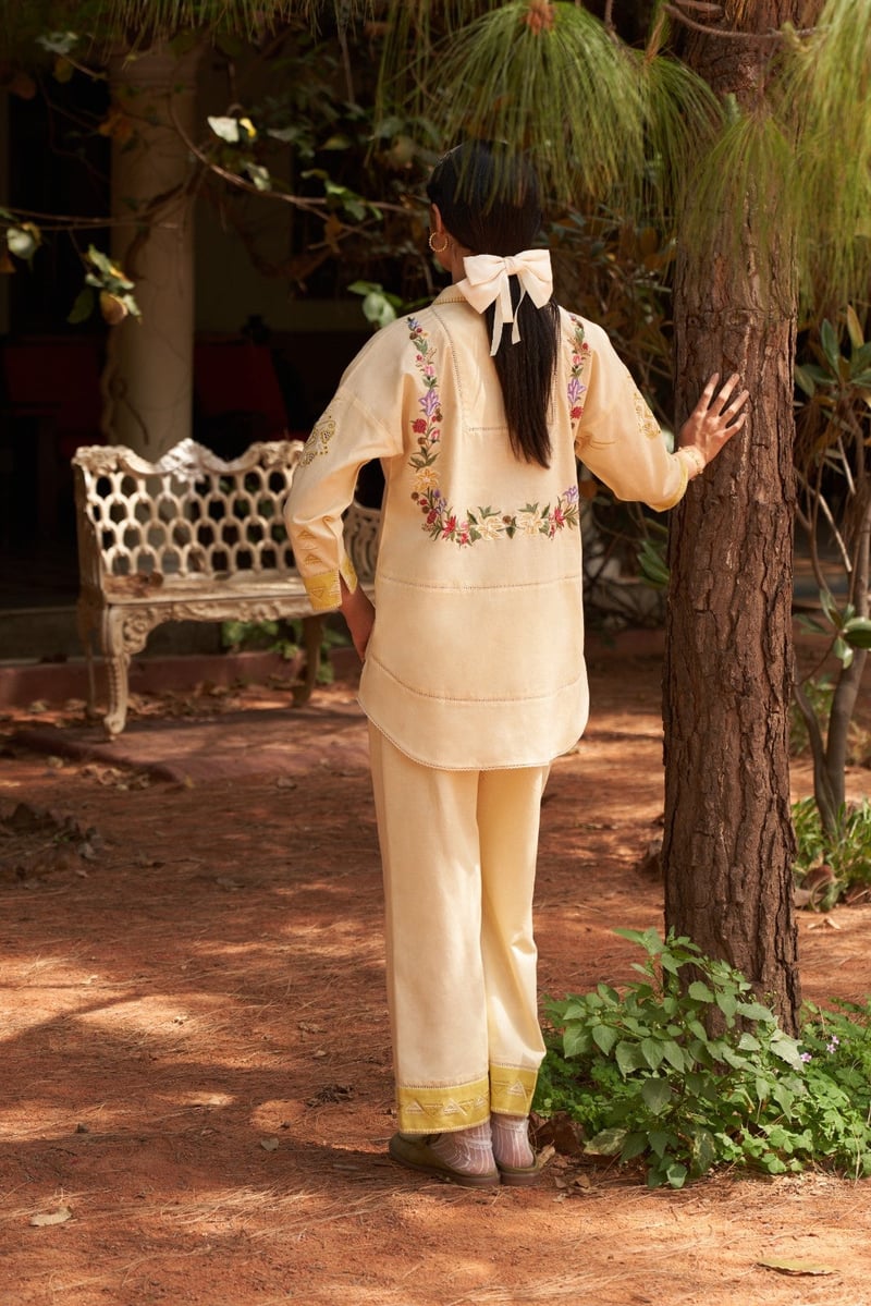 Beige Embroidered Shirt and Wide-Leg Pants Co-ord Set