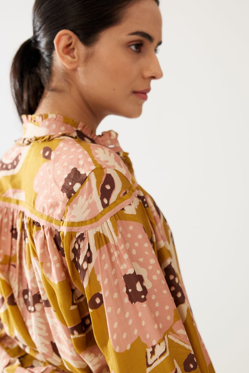 Mustard And Pink Floral Frill Collar Shirt