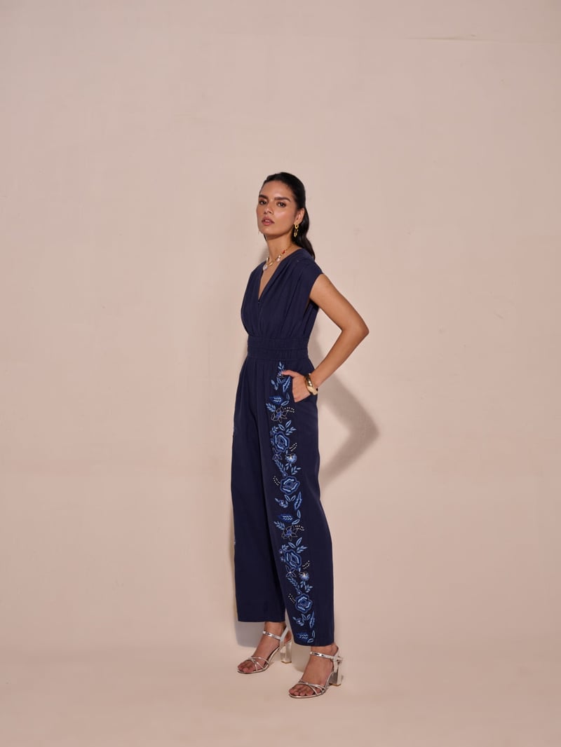 Blue V-Neck Smocked Waist Embroidered Jumpsuit