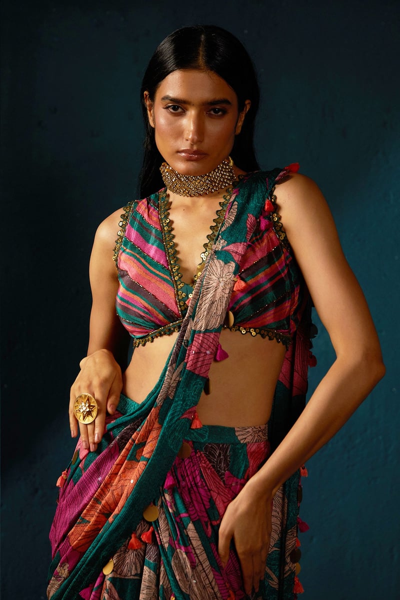 Bottle Green Printed Chinon Chiffon Pre-Draped Saree
