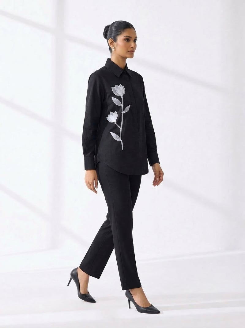 Black Cotton Button-Down Shirt with Floral Applique