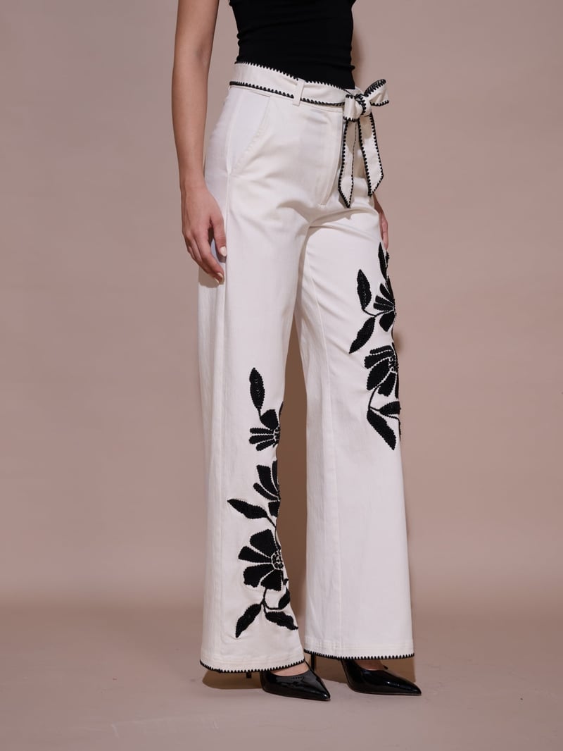 White Wide-Leg Embroidered Trousers
