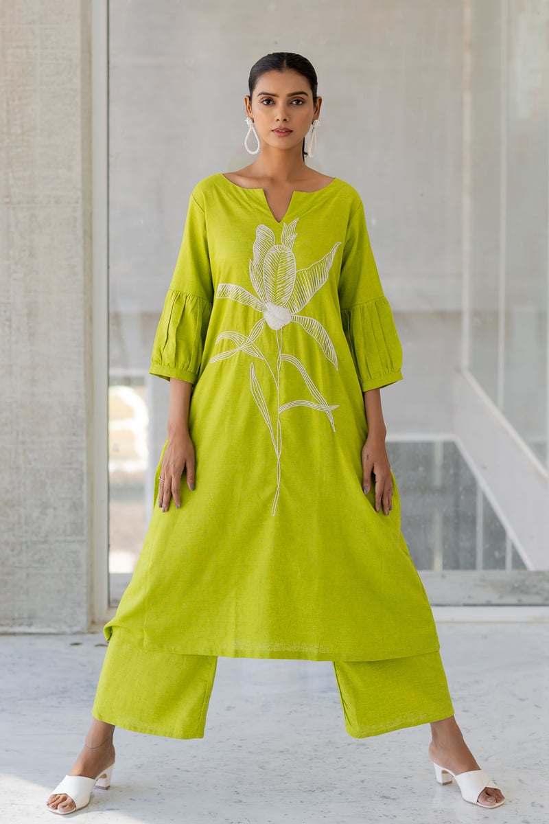 Green A-Line Kurta with White Floral Embroidery