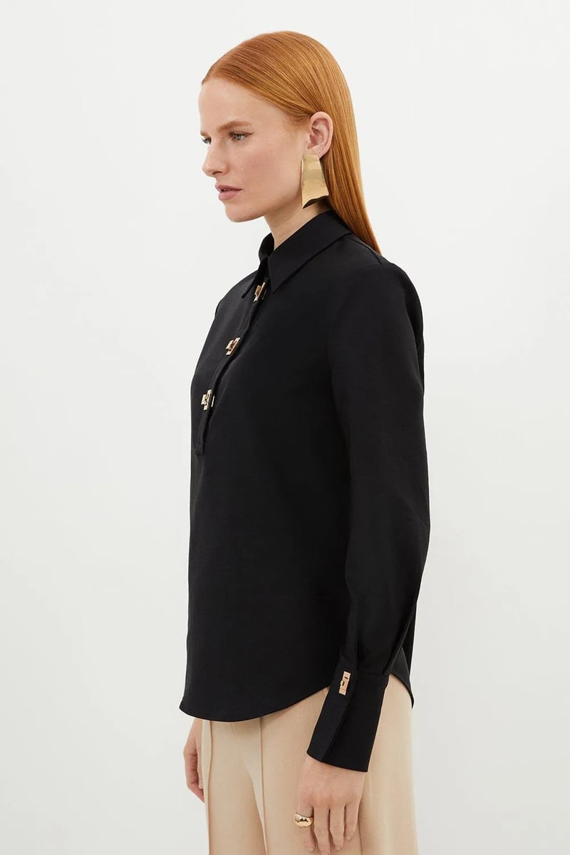 Black Collared Hardware-Button Placket Shirt