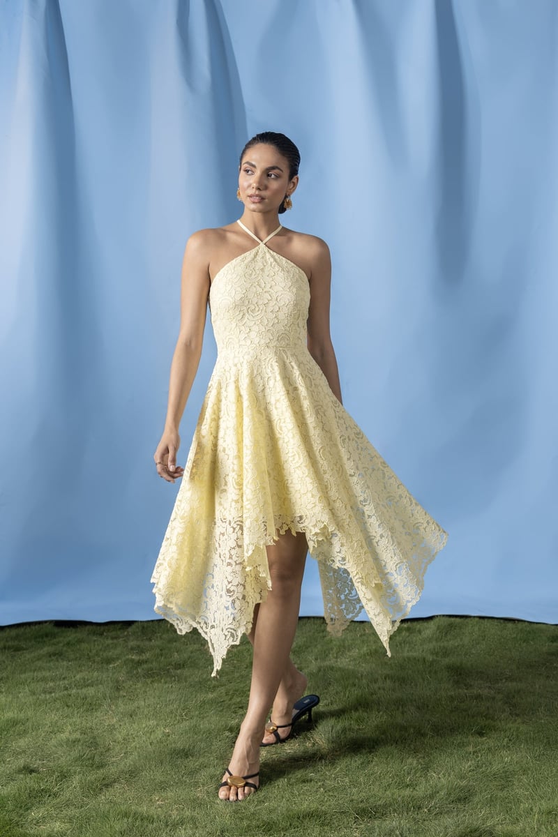 Butter Yellow Lace Halter Midi Dress with Asymmetrical Hem