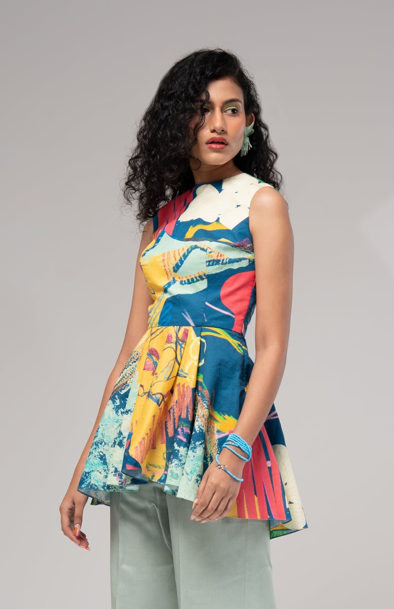Multicolor Abstract Printed Cotton Linen Peplum Top