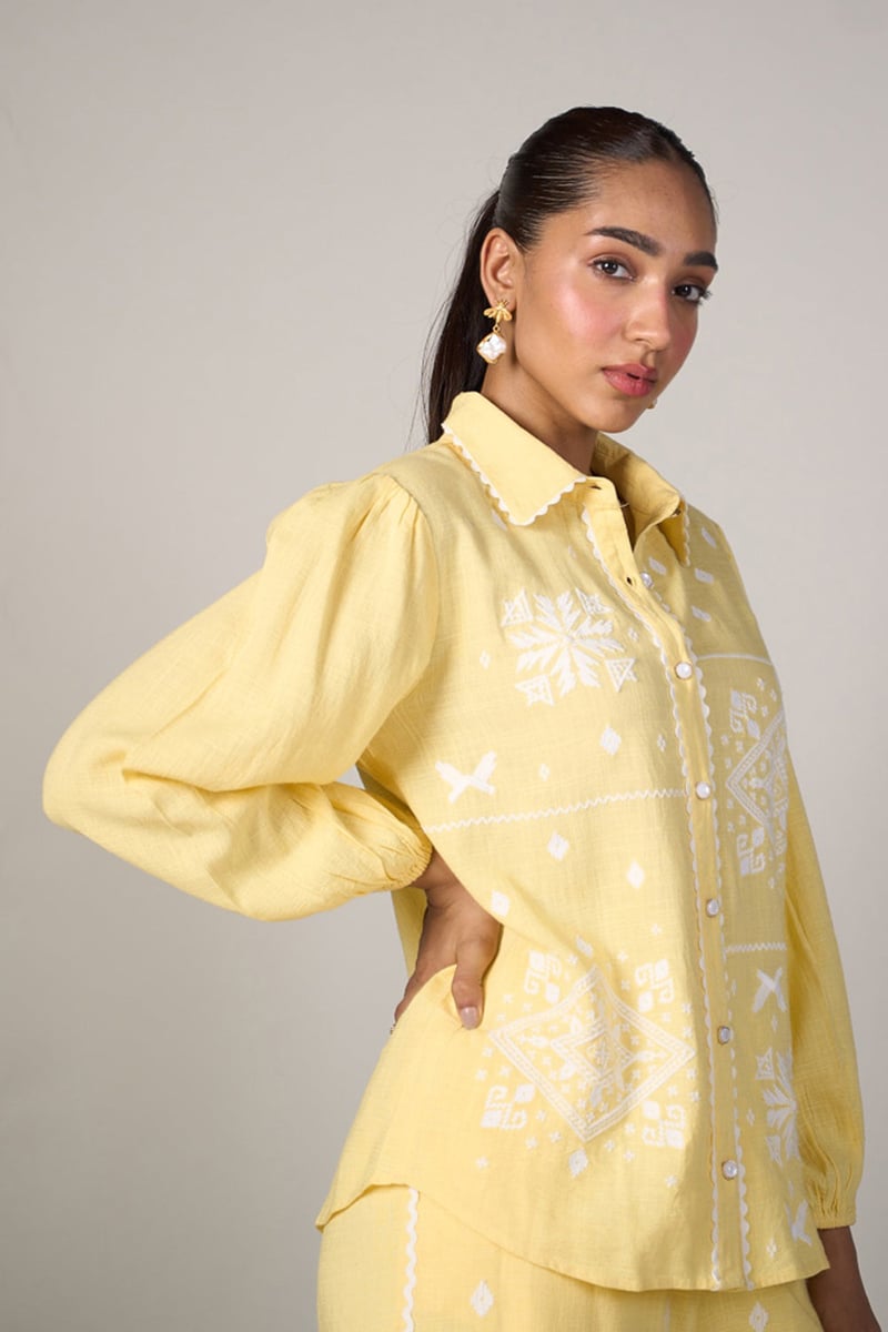 Yellow Embroidered Collared Button-Down Top