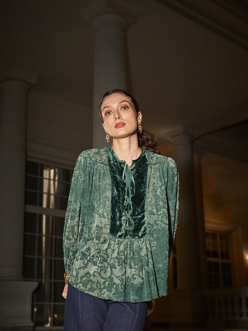 Green Burnt Velvet Lace-Up Yoke Flowy Top