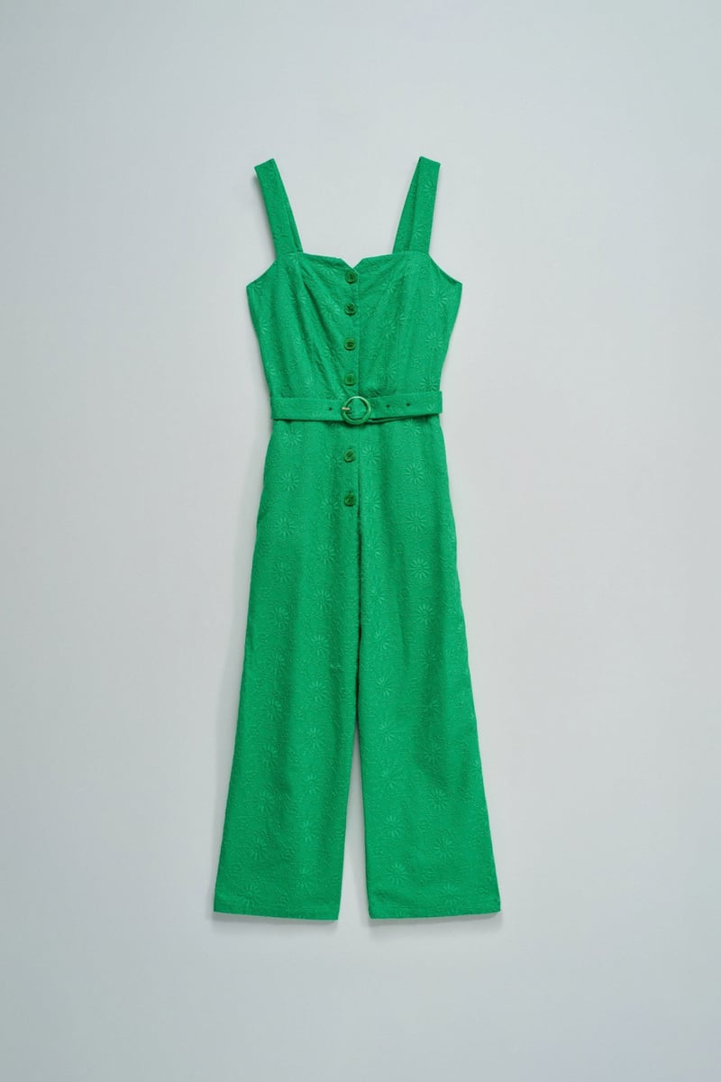 Medium Green Embroidered Belted Cropped Jumpsuit