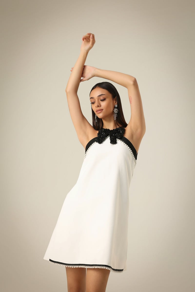 Ivory Halter Neck A-Line Mini Dress with Bow and Pearl Trim