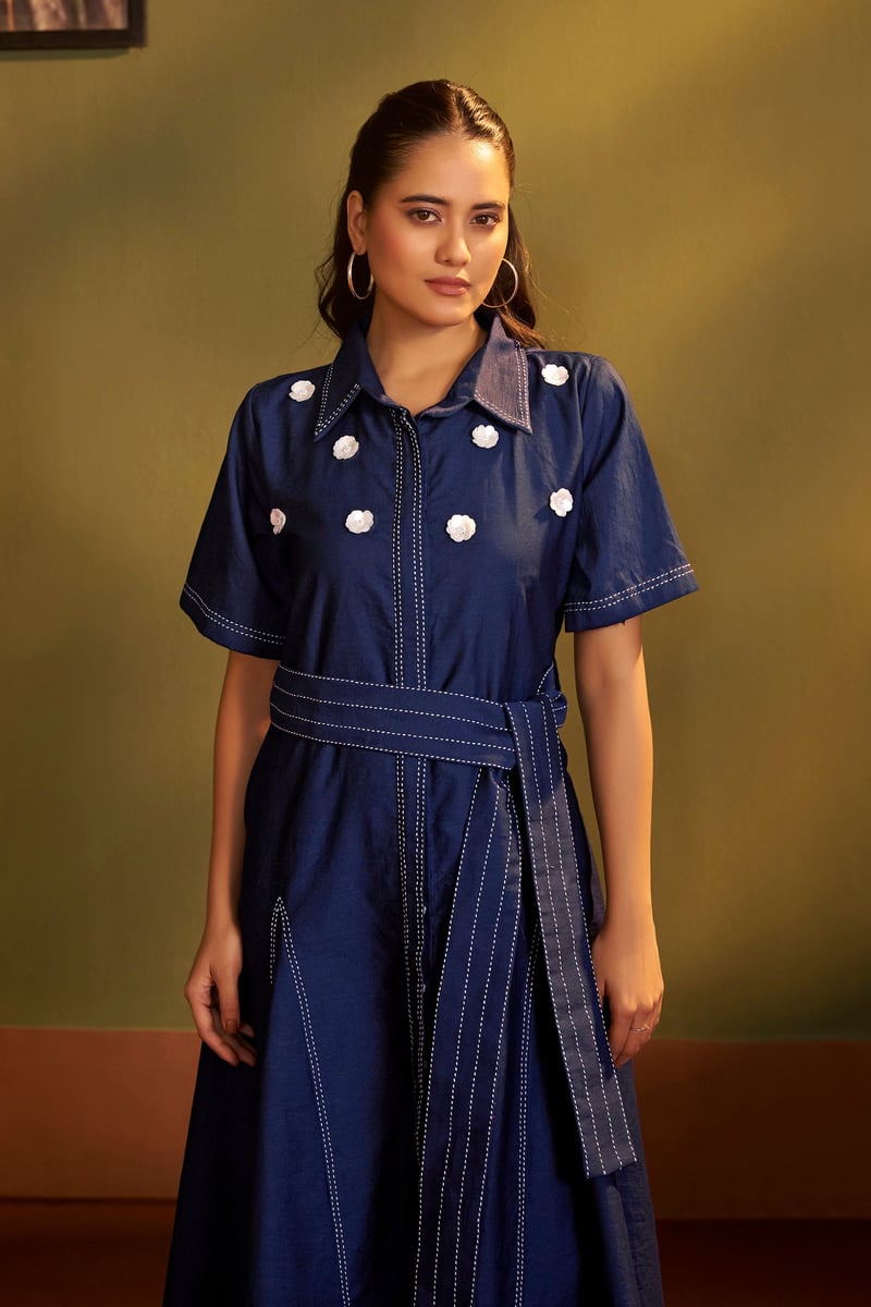 Blue Denim Belted Shirt Midi Dress with Contrast Stitching