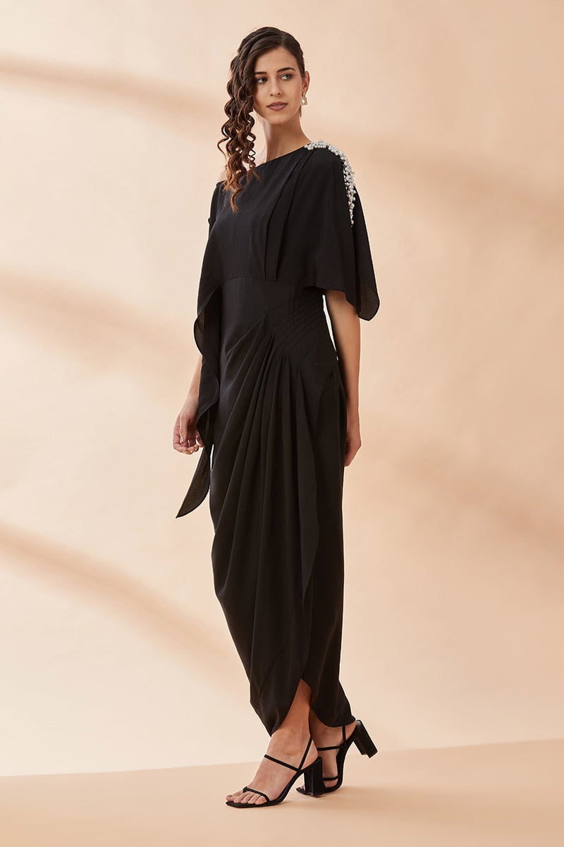 Black One-Shoulder Drape Maxi Dress with Pearl Detail