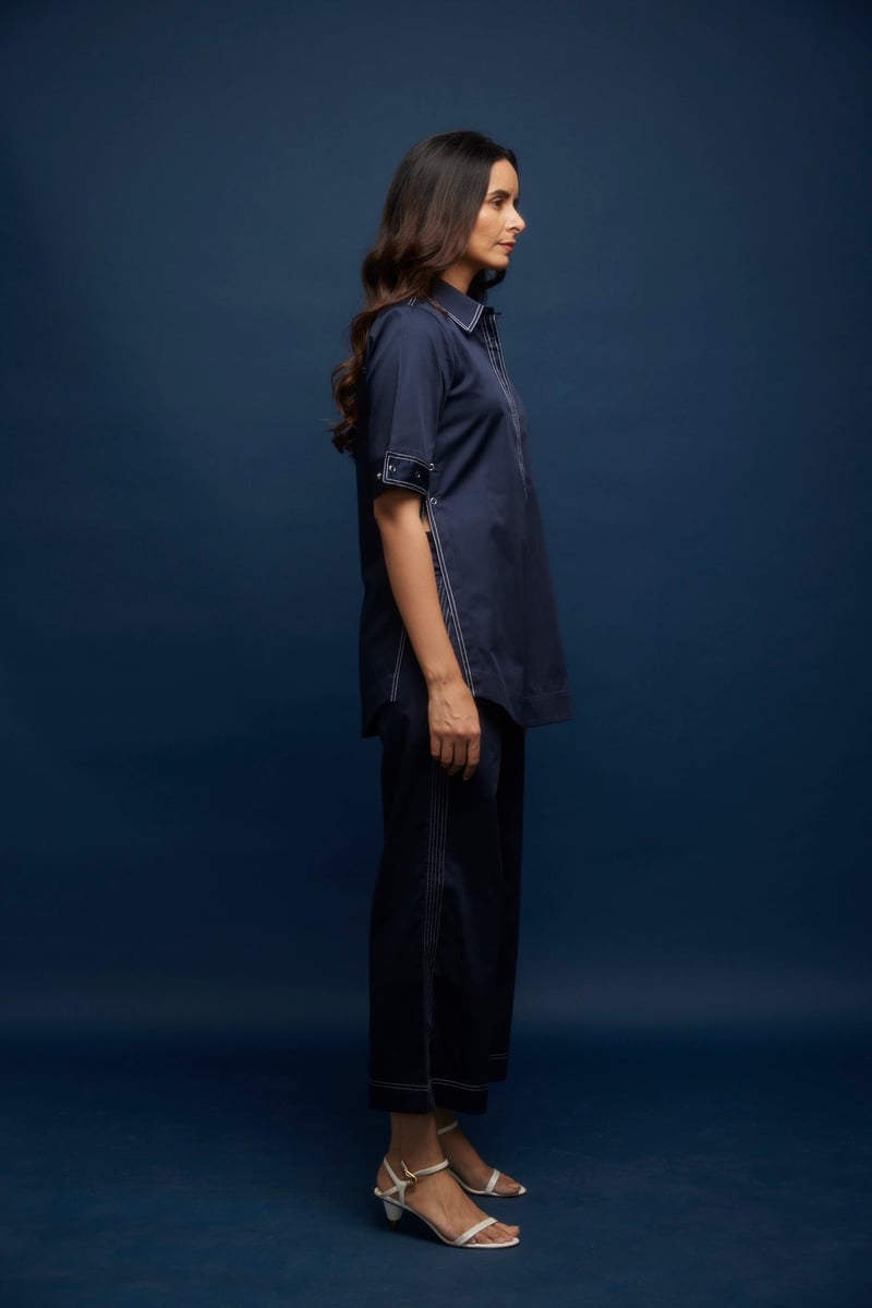 Navy Blue Cotton Satin Side-Open Co-ord Set