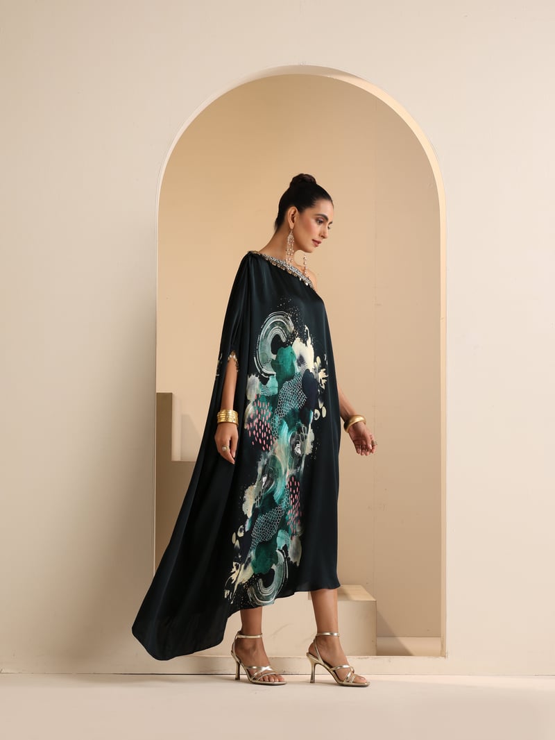 Green Abstract Print One-Shoulder Modal Satin Kaftan