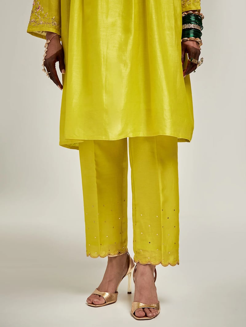 Lime Silk Chanderi Embroidered Yoke Kurta Set
