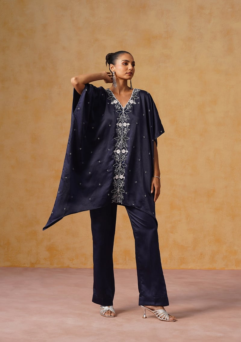 Navy Satin Embellished Kaftan Co-ord Set with Pants