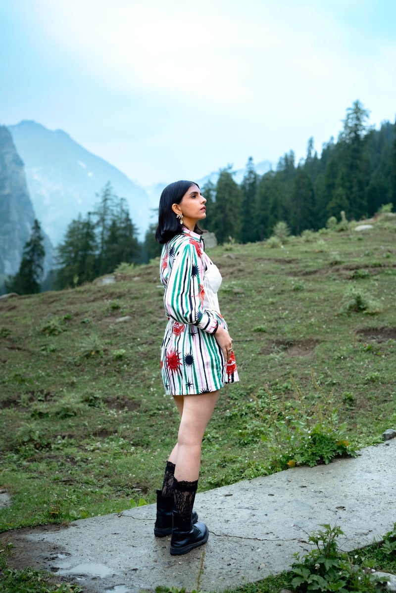 White/Green Printed Mini Shirt Dress