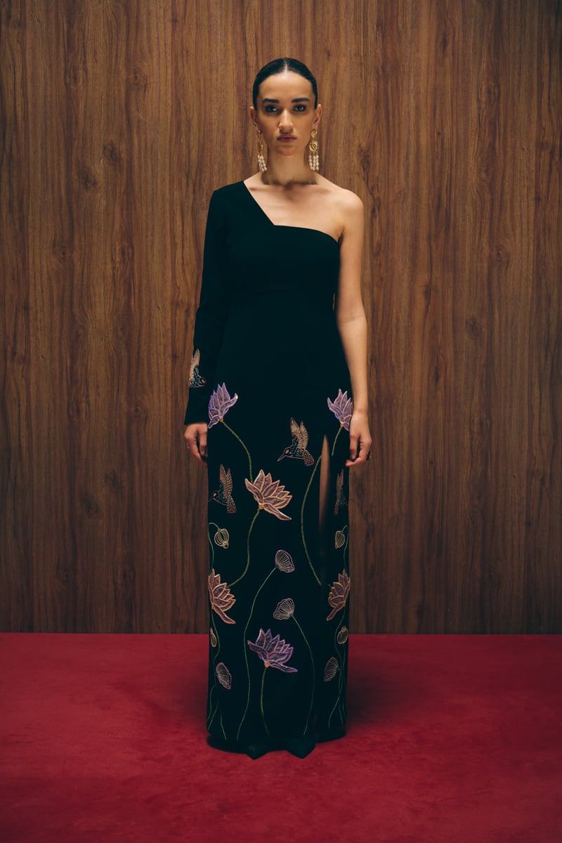 Black One-Shoulder Crepe Maxi Gown with Slit