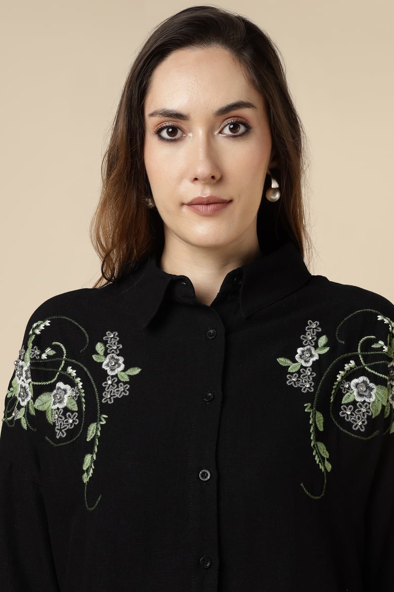 Black Button-Down Shirt with Floral Shoulder Embroidery