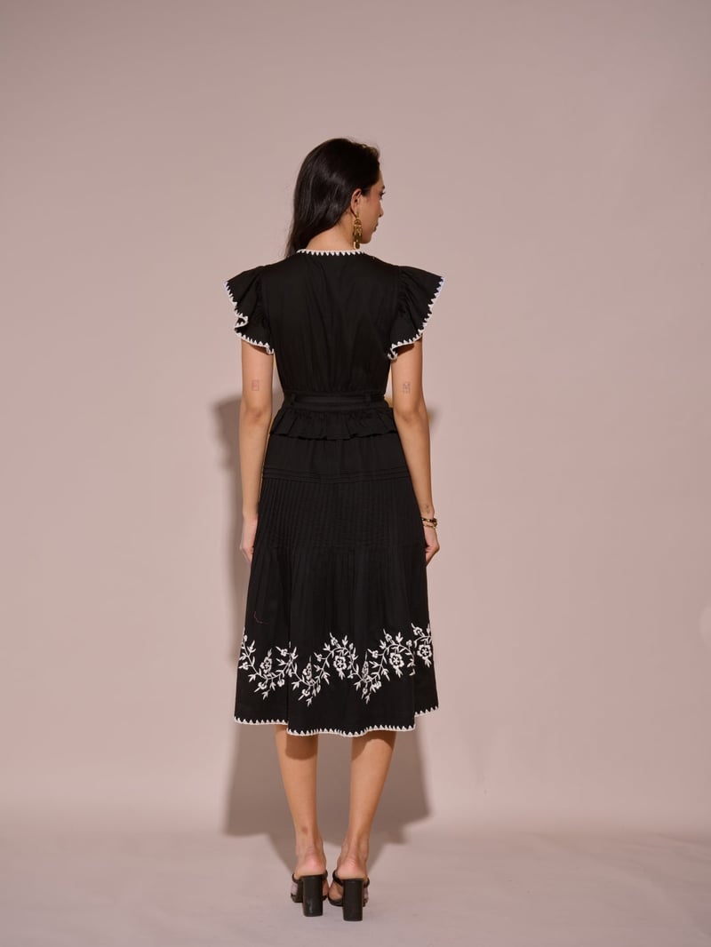 Black Embroidered Fit and Flare Midi Dress