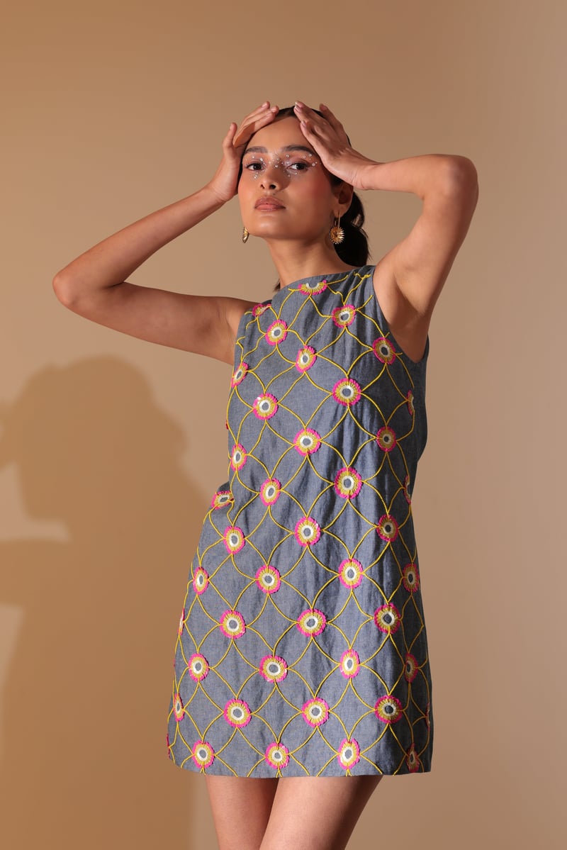 Blue Denim Embroidered Daisy Lattice Shift Mini Dress