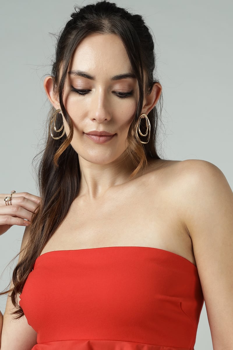 Red Bandeau Peplum Top with Ruffle Hem