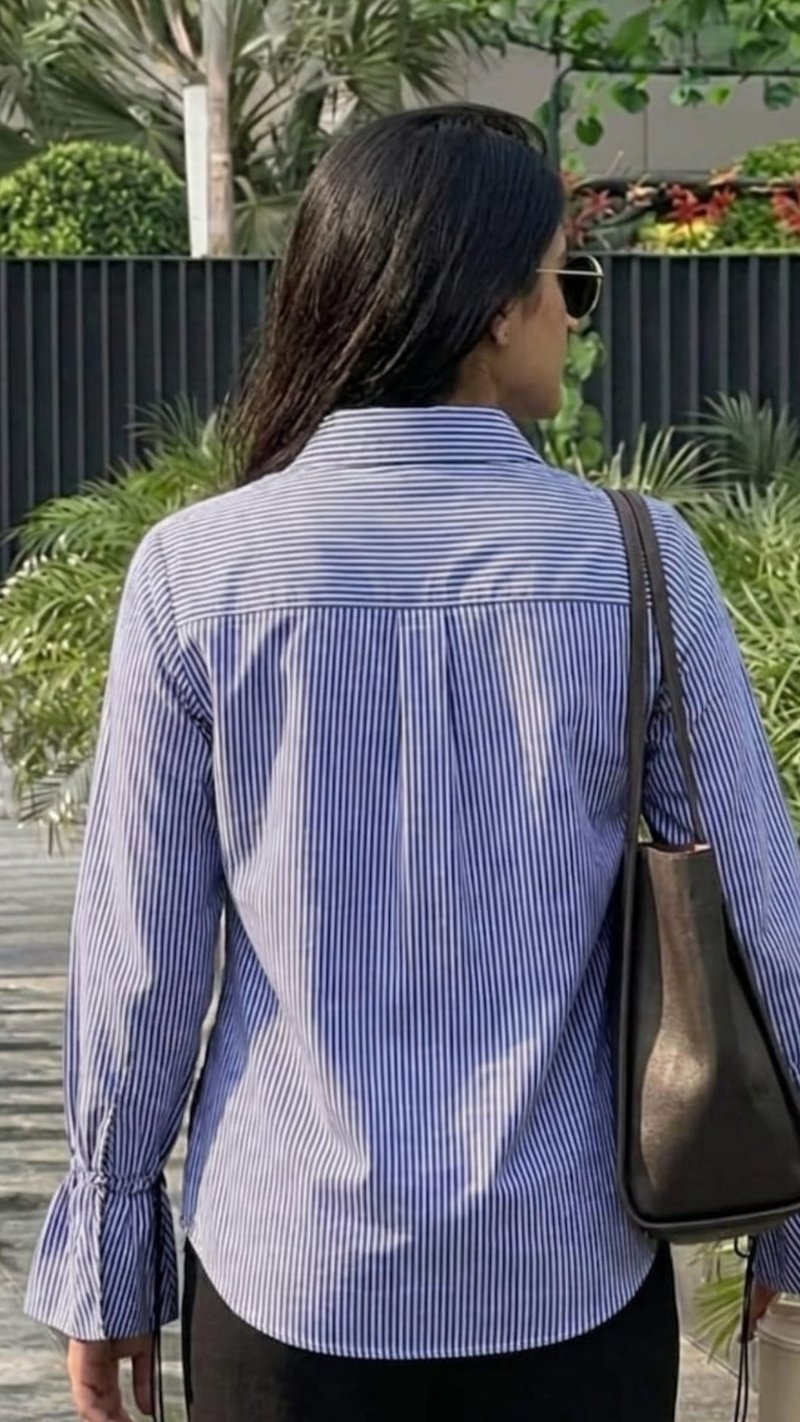 Blue/White Striped Shirt with Black Floral Appliqué
