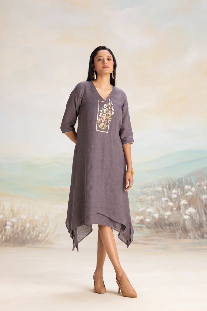 Iron Linen V-Neck Embroidered Fit and Flare Midi Dress — Kaveri