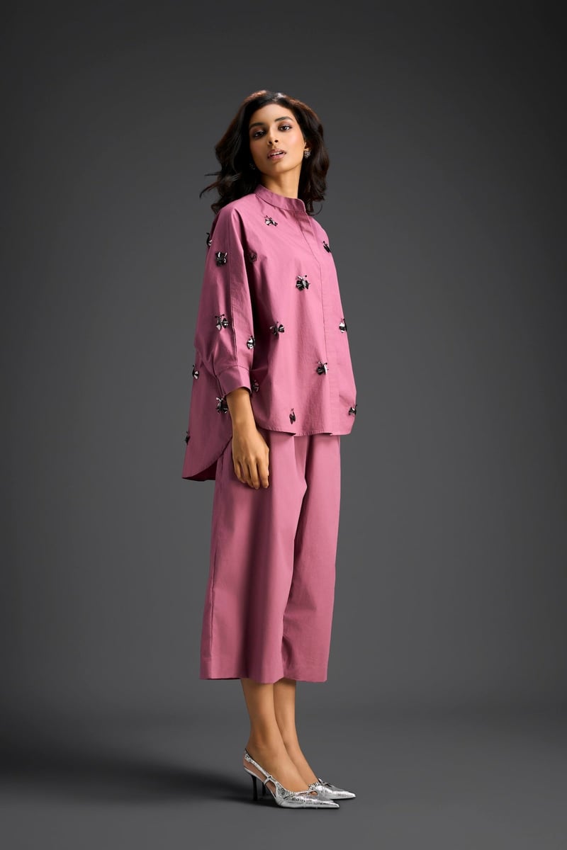 Pink Butterfly Embellished Pleated Shirt & Pants Set