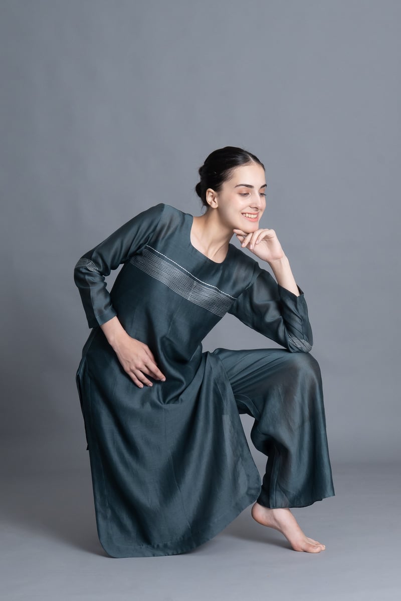 Mint Chanderi Silk Embroidered Straight Kurta Set (3 Pc)