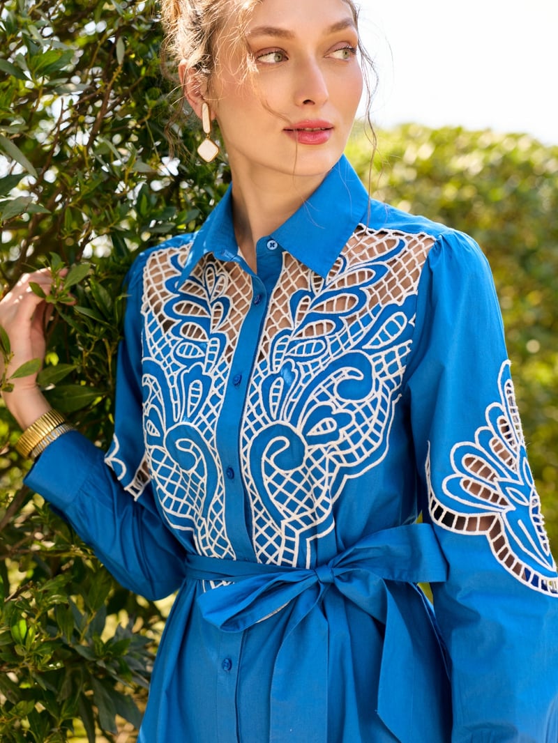 Blue Cutwork Belted Mini Shirt Dress
