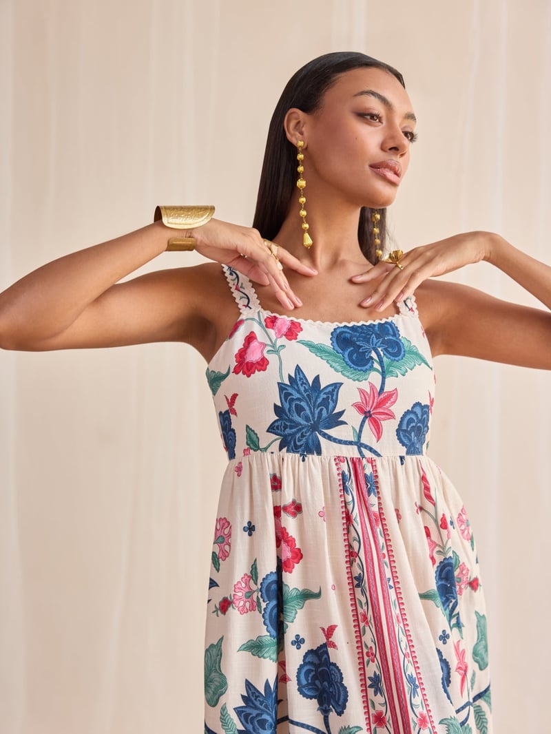 White Floral Printed Cotton Maxi Dress with Lace Trim