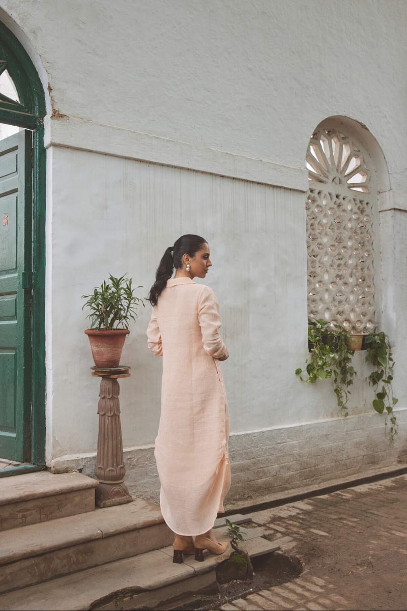 Peach Linen Straight Midi Dress with V-Neck and Pockets