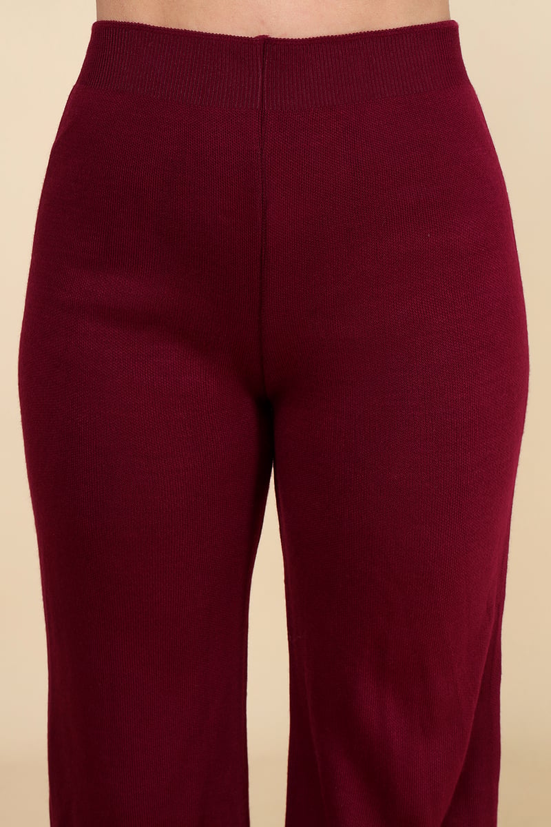 Burgundy Knit Cardigan and Wide-Leg Pants Co-ord Set