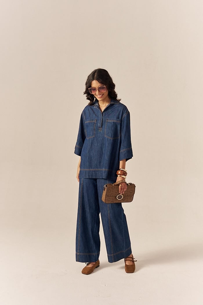Blue Denim Shirt and Flared Pants Co-ord Set