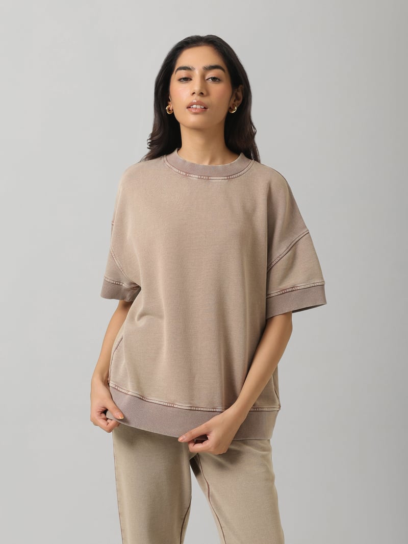 Brown Acid Wash Short Sleeve Sweatshirt — Necesera