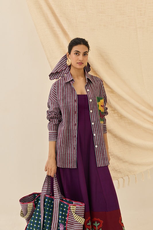 Maroon and Grey Striped Oversized Button-Down Shirt
