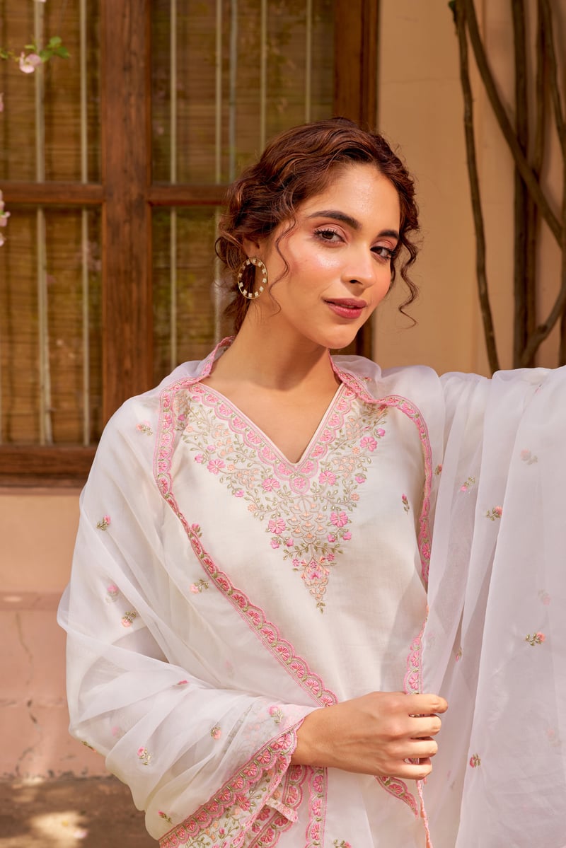 Ivory and Pink Chanderi Embroidered Straight Suit Set