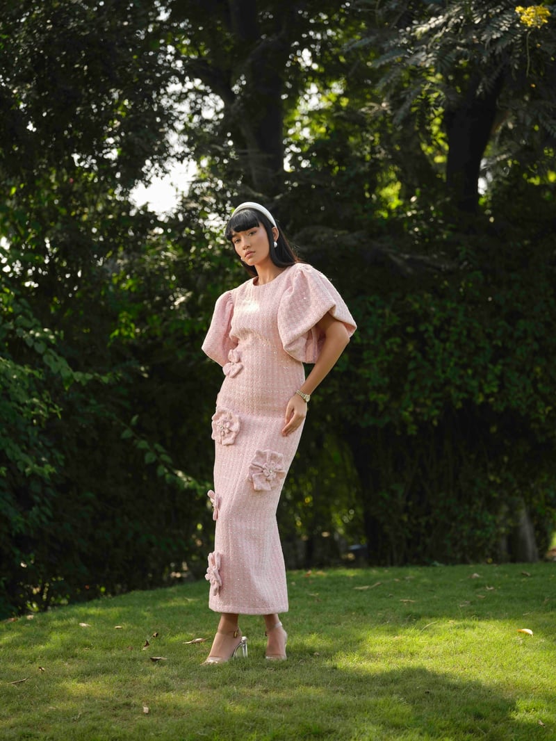 Pink Tweed Maxi Pencil Dress with 3D Floral Details
