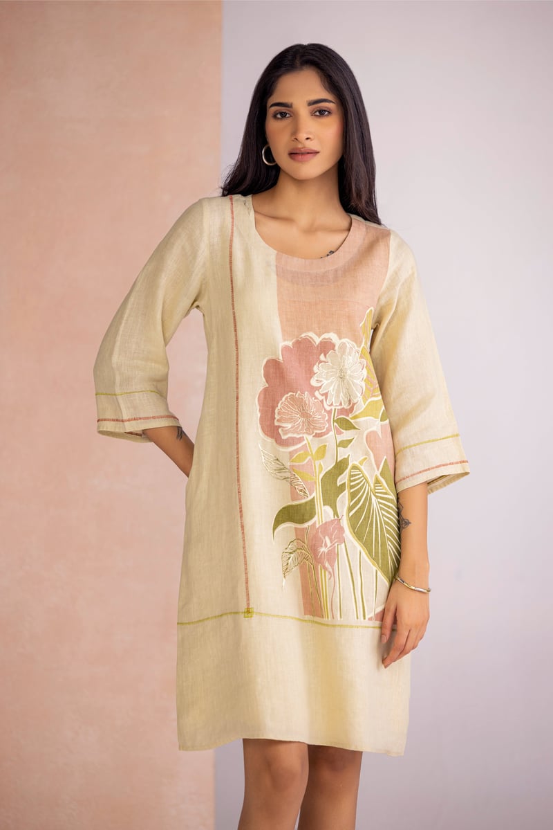 Lane Green Linen-Blend Printed Knee-Length Shift Dress