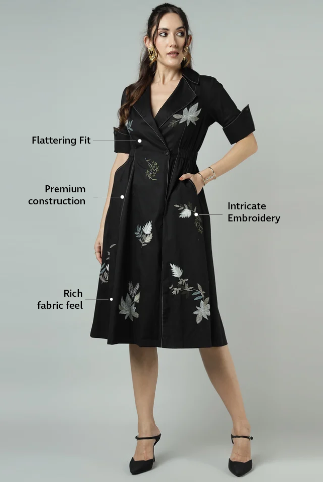 Black Suiting Wrap Midi Dress with Botanical Embroidery