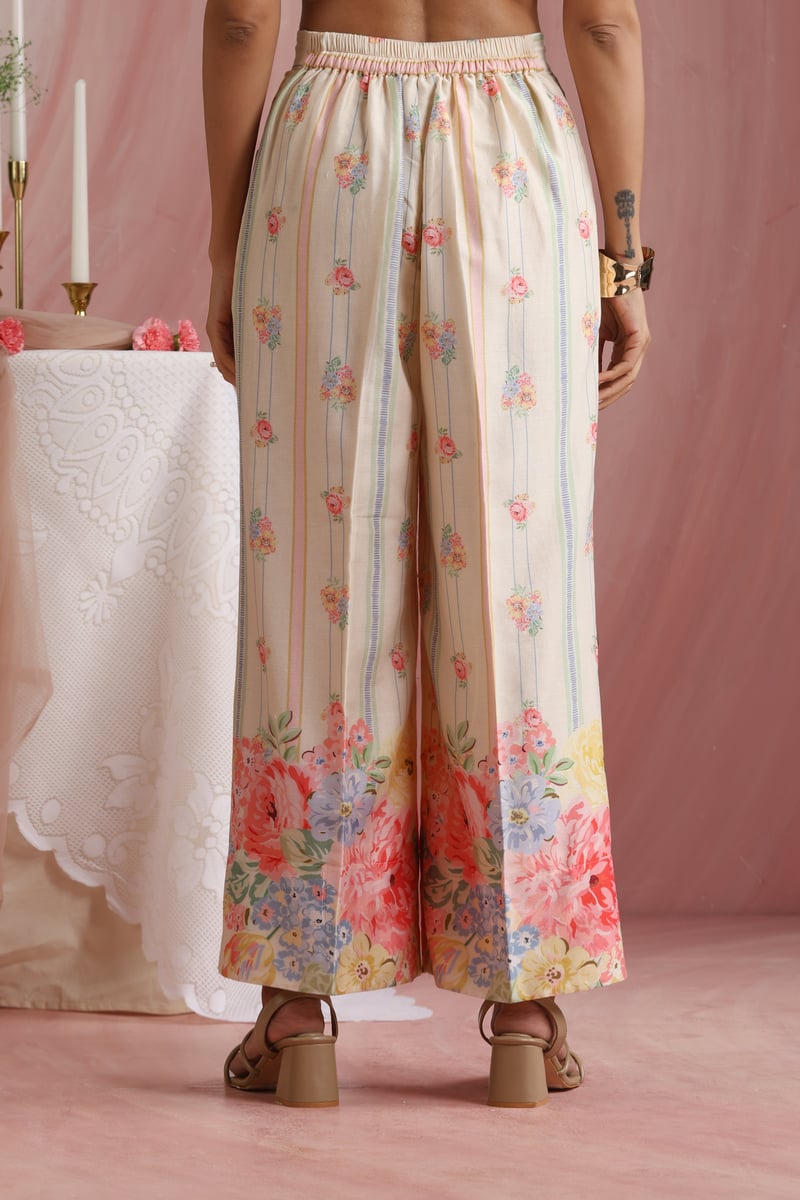 Ivory Floral Printed A-Line Kurta Set with Wide-Leg Trousers
