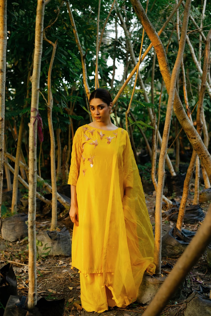 Yellow A-Line Embroidered Kurta Set with Palazzo and Dupatta