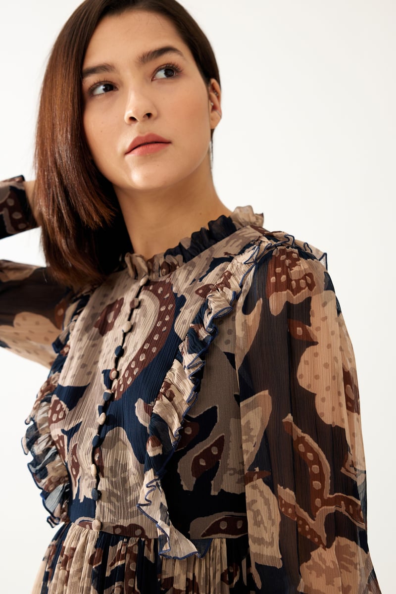 Dark Blue And Beige Floral Long Dress